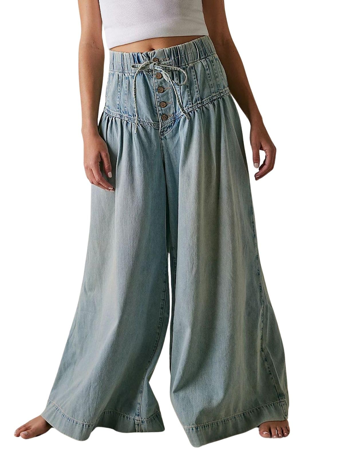 loveimgs Women Y2k Pleated Baggy Jeans Elastic Waist Wide Leg Denim Pants Palazzo Cargo Barrel Jeans Drawstring (SmallLight Blue)