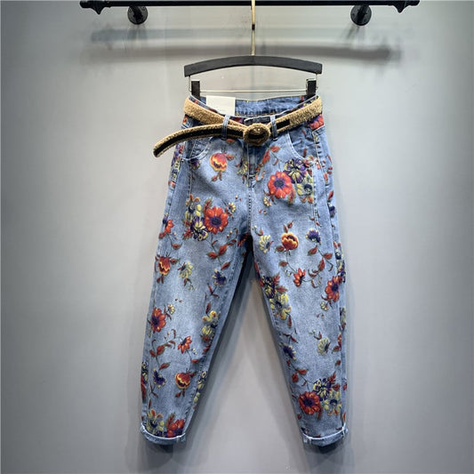 Casual Baggy Jeans with Floral Print for Harem Fashion