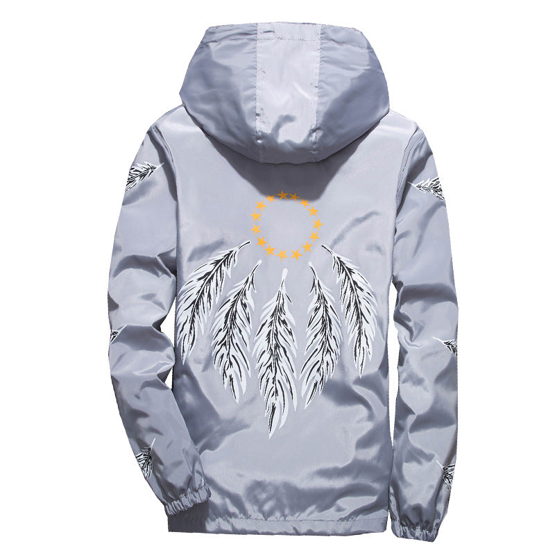 Hooded Jacket with Feather Print Plus Size Jacket