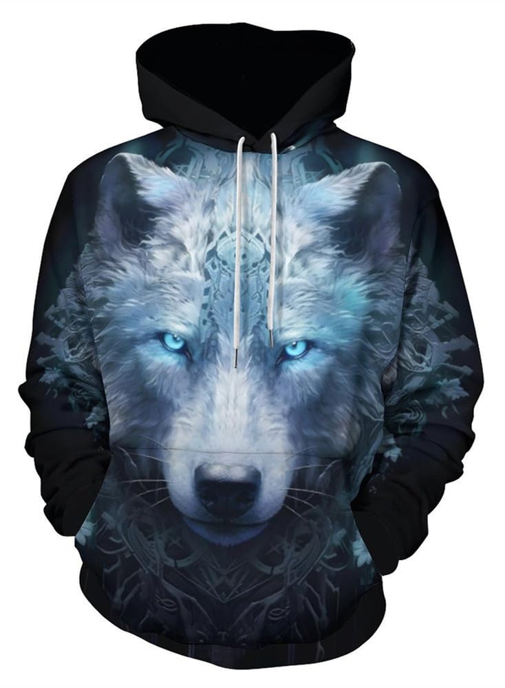 ENLACHIC Mens Novelty 3D Feather Wolf Print Long Sleeve Pullover Hoodies Sweatshirts with Big PocketBlue Eye Cool WolfL