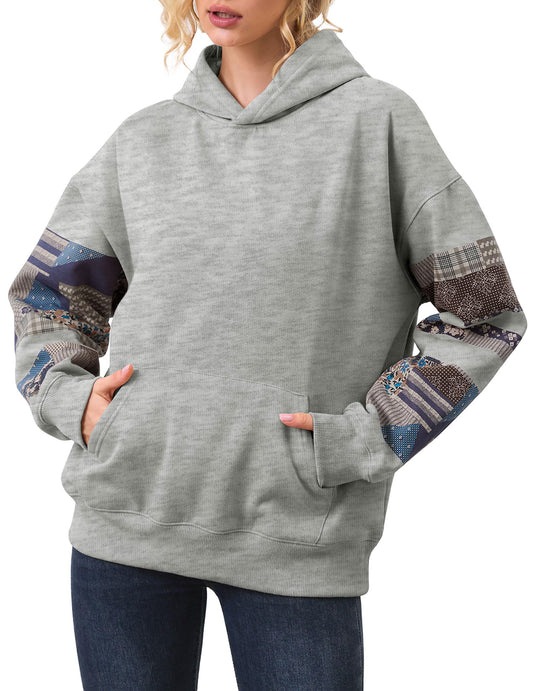 Eutten Women Patchwork Hoodies Oversized Fleece Graphic Flower Hooded Sweatshirts Vintage Floral Pullover Sweatshirt Top Grey