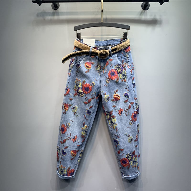 Casual Baggy Jeans with Floral Print for Harem Fashion