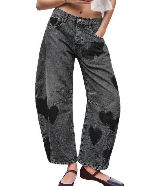 LifeShe Womens Wide Leg Baggy Jeans Low Waist Heart Barrel Loose Jean Valentines Day Denim Pants Black